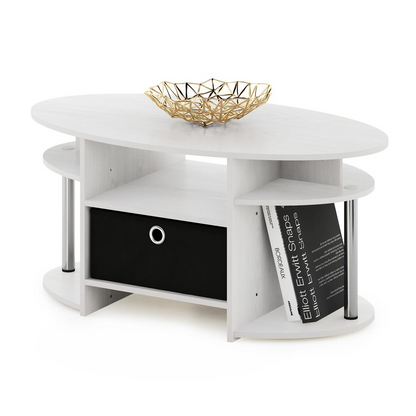 Start2Finish JAYA oval coffee table with white oak finish, stainless steel tubes, and built-in storage bin, modern furniture design.
