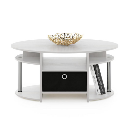 White oak oval coffee table with stainless steel tube legs and built-in storage bin, modern design by Start2Finish.
