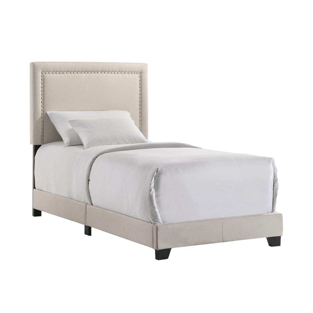Start2Finish Zion Twin UPH Bed in Zion Fog fabric, showing the modern twin bed frame with upholstered headboard and fabric finish.