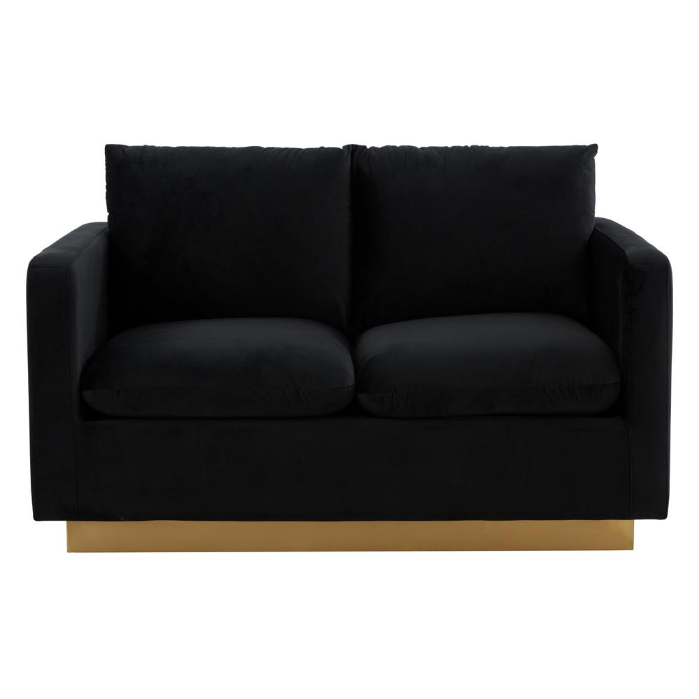 Nervo velvet loveseat with gold frame, modern mid-century design, upholstered in plush fabric, featuring sleek gold metal legs.