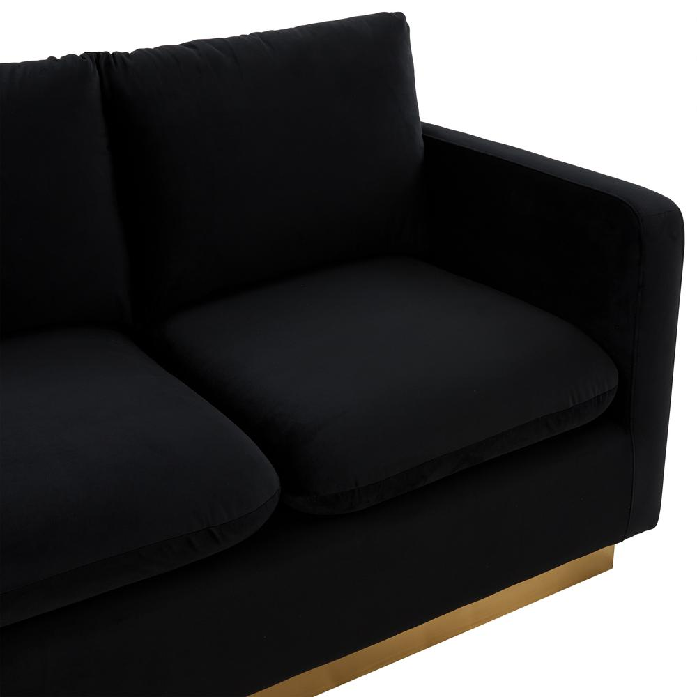 Modern mid-century velvet loveseat by Start2Finish with gold frame, upholstered seating and sleek design.