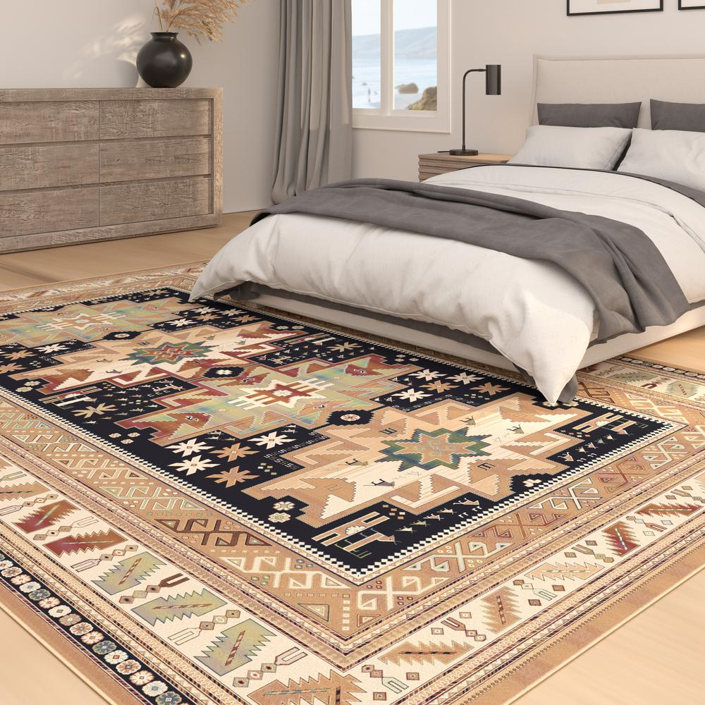 Sonoma Gypsy Rust, Black, Ivory, Aqua viscose area rug showing intricate pattern in 7&