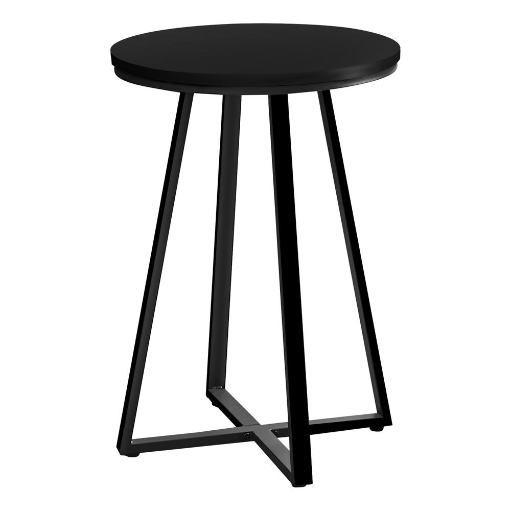 Black round accent side table with lamp, ideal for living room or bedroom, by Start2Finish.