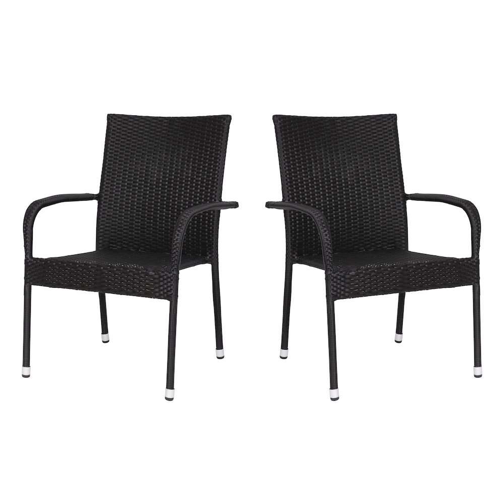 Stackable black wicker dining chairs with arms, weather-resistant steel frames, designed for indoor and outdoor use.