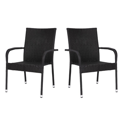Stackable black wicker dining chairs with arms, weather-resistant steel frames, designed for indoor and outdoor use.