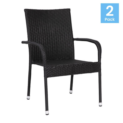 Stackable black wicker indoor/outdoor dining chairs with arms and weather-resistant steel frames by Start2Finish.