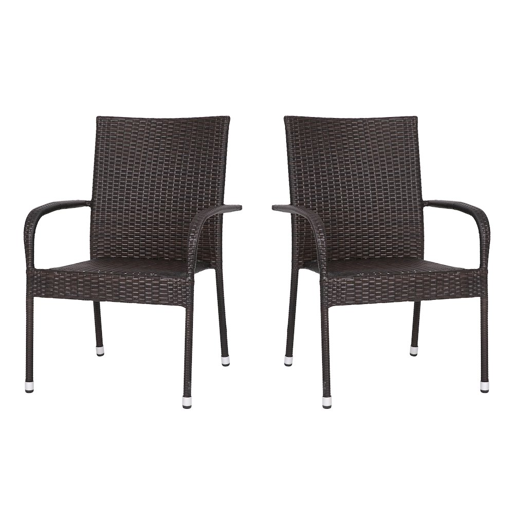 Stackable indoor/outdoor wicker dining chairs with arms, espresso finish, weather-resistant steel frames, by Start2Finish.