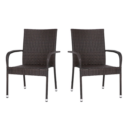 Stackable indoor/outdoor wicker dining chairs with arms, espresso finish, weather-resistant steel frames, by Start2Finish.