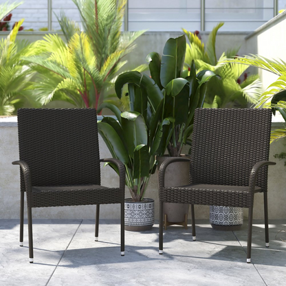 Pair of Start2Finish wicker dining chairs with arms, stackable, fade- and weather-resistant steel frames in espresso for indoor or outdoor use.