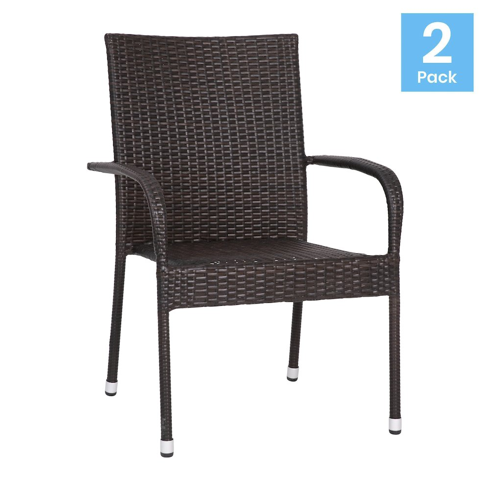 Set of 2 Start2Finish wicker dining chairs with arms, weather-resistant steel frames, stackable, indoor/outdoor espresso furniture