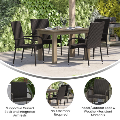 Pair of Start2Finish wicker dining chairs with arms, stackable indoor/outdoor, fade-resistant steel frames in espresso color.