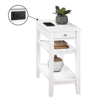 Start2Finish American Heritage end table with one drawer, charging station, and shelves, shown in a modern furniture setting.