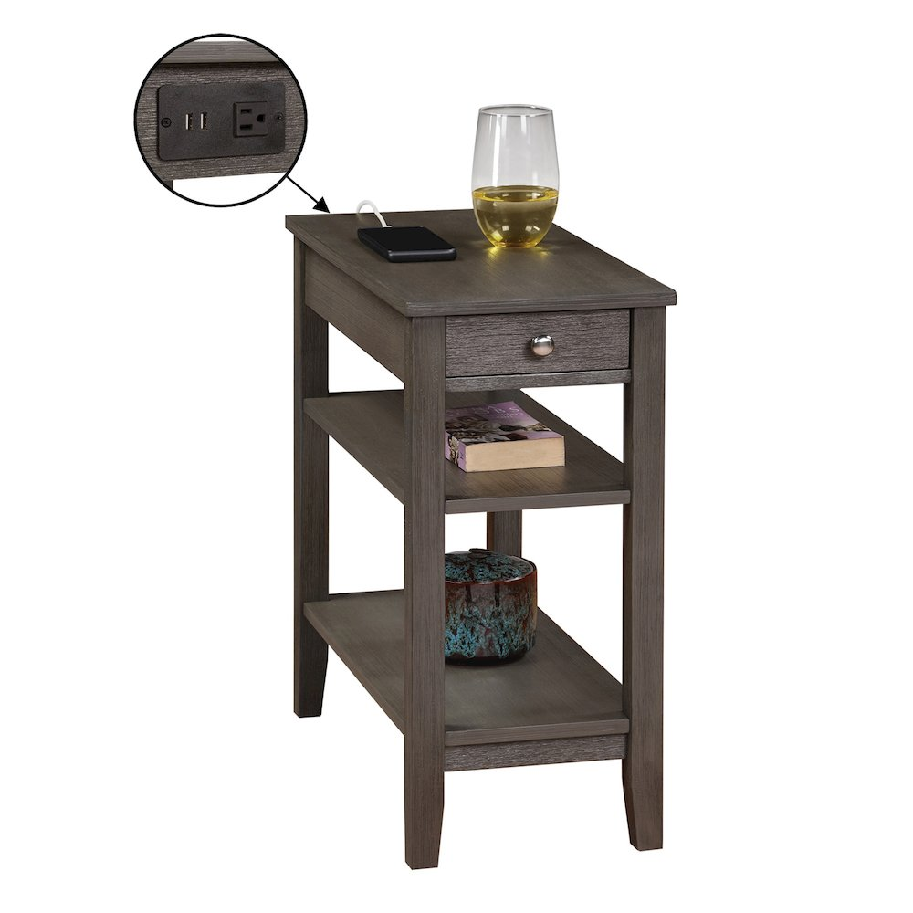 Start2Finish American Heritage chairside end table with one drawer, charging station, and open shelves for living room storage.