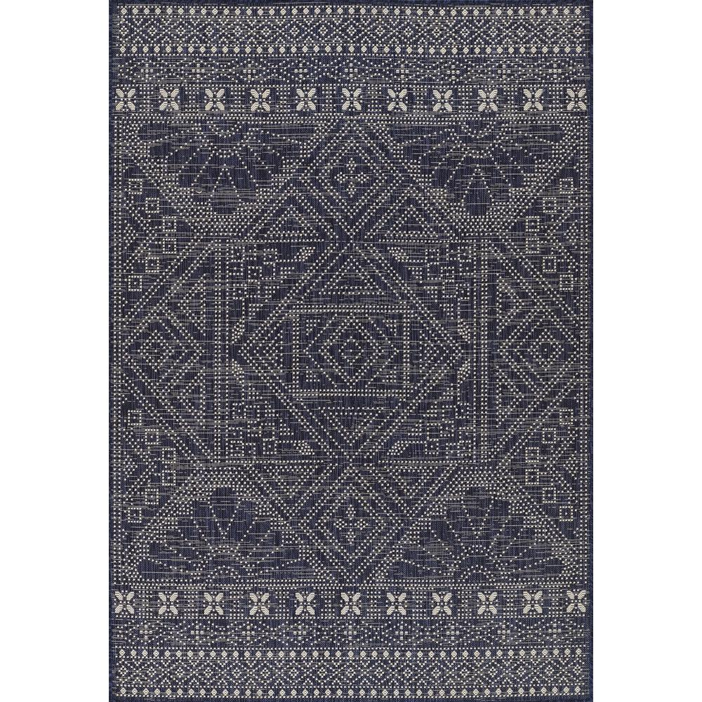 Start2Finish navy transitional rectangle area rug, 8x10 feet, with modern geometric pattern in a natural home setting.