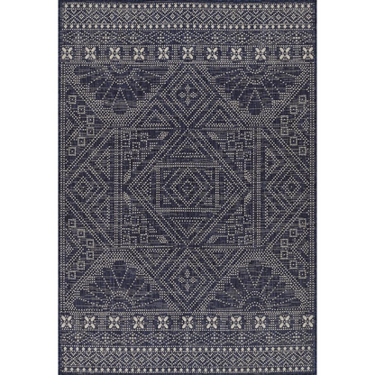 Start2Finish navy transitional rectangle area rug, 8x10 feet, with modern geometric pattern in a natural home setting.