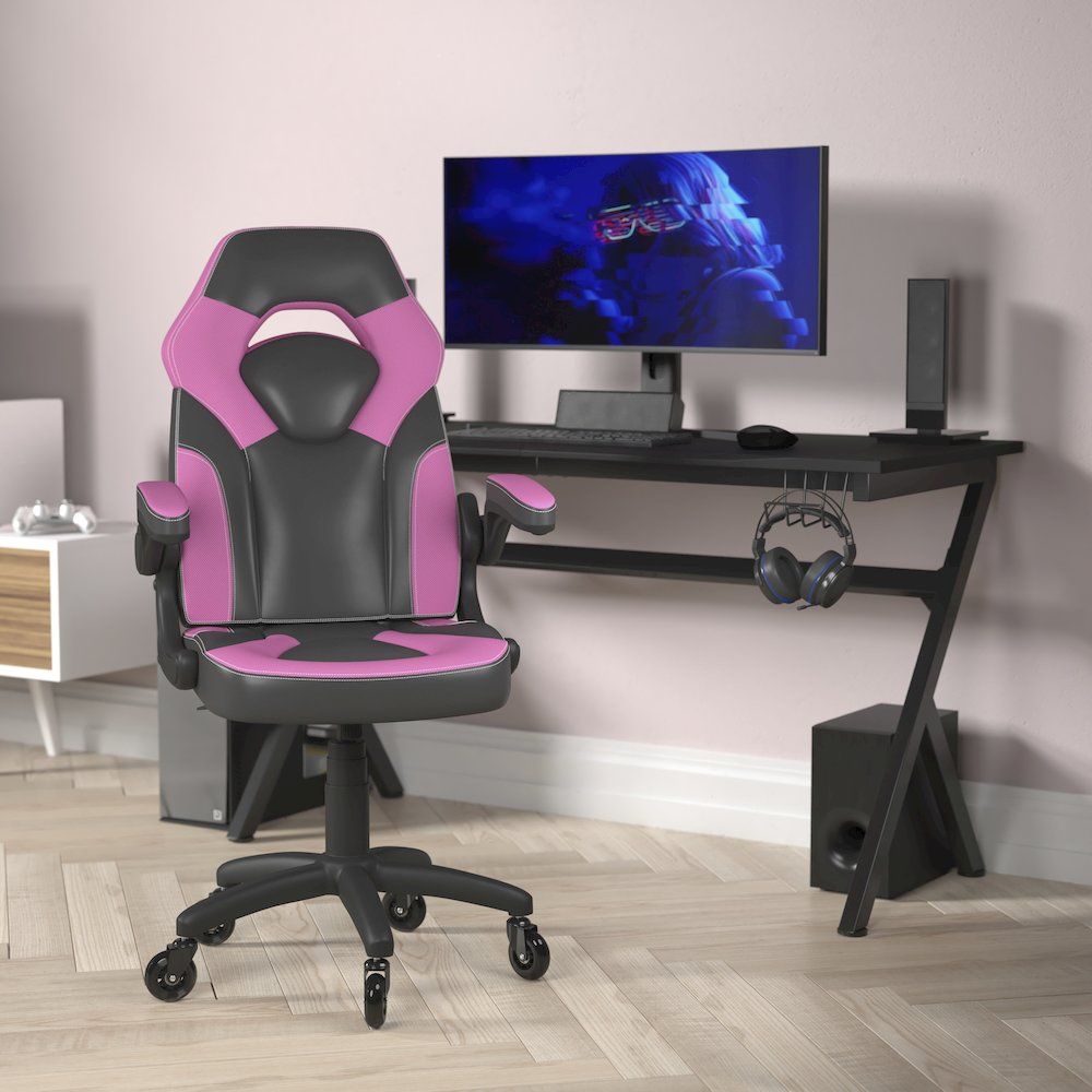 Pink and black X10 Gaming Chair by Start2Finish, racing style office computer chair with LeatherSoft upholstery and ergonomic design.