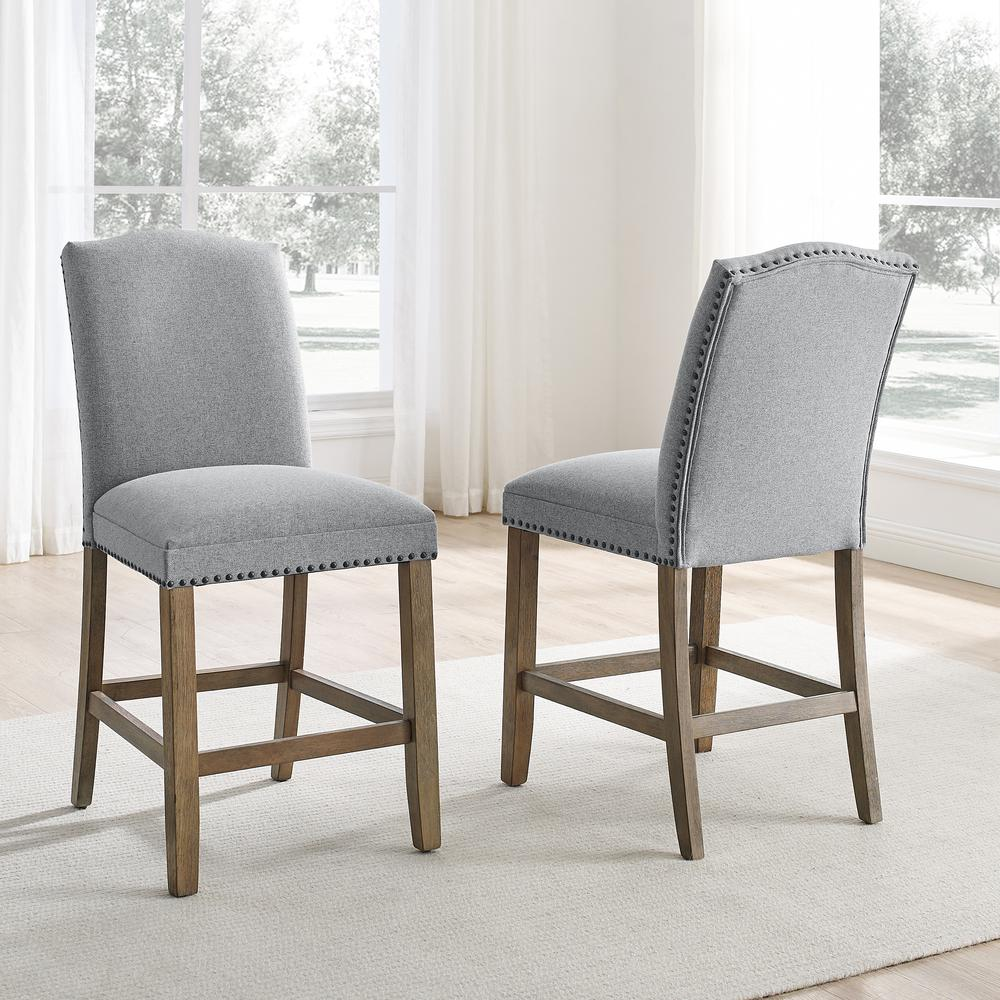Start2Finish Grayson counter chair with nailhead trim, featuring a cushioned seat and wooden legs, ideal for kitchen or bar area.