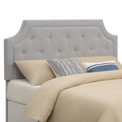 Start2Finish Alta full/queen grey headboard with a modern upholstered design, showcasing soft fabric and clean lines.