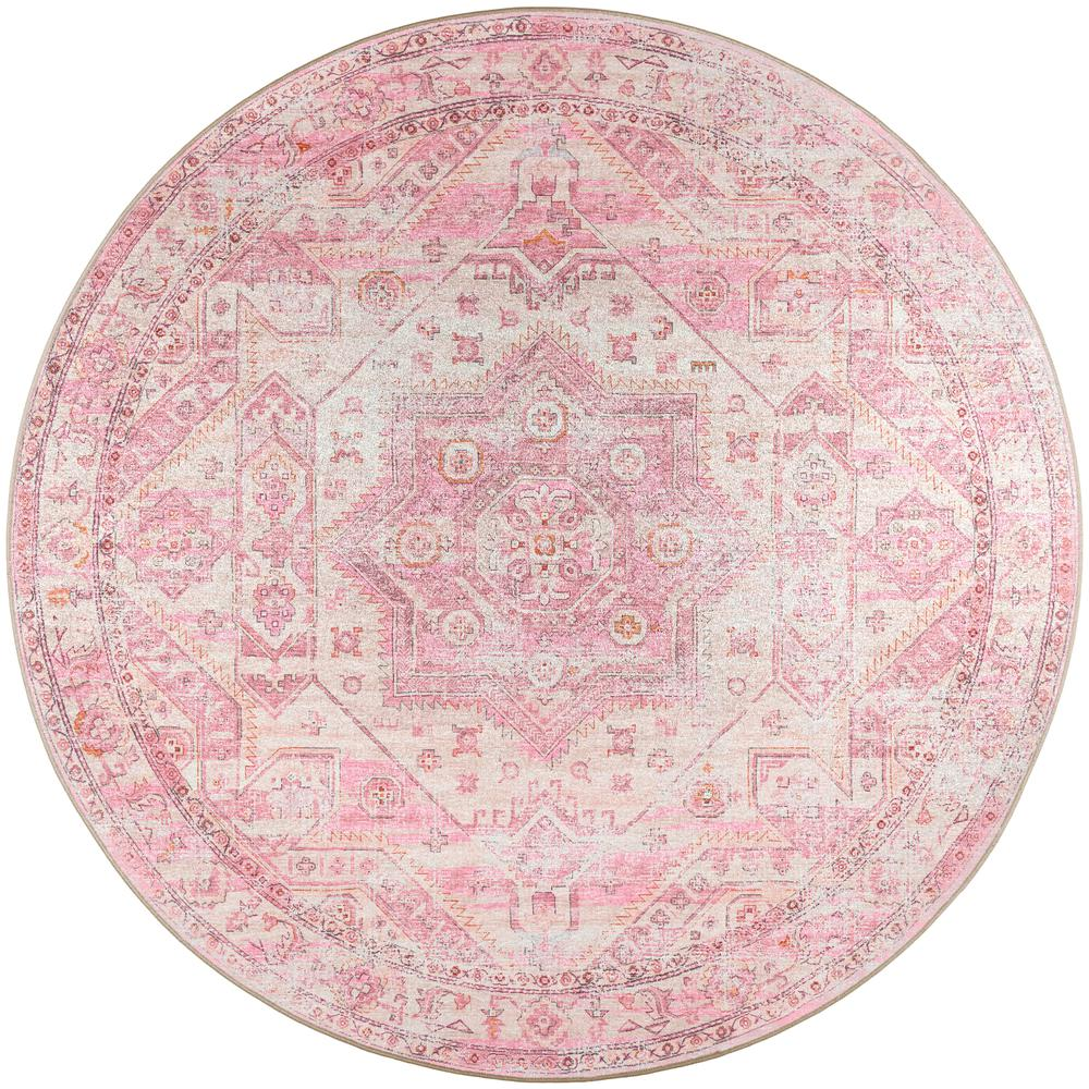 Start2Finish Jericho JC5 Rose 6x6 round rug with a floral pattern, showcasing soft pink and beige tones on a textured surface.
