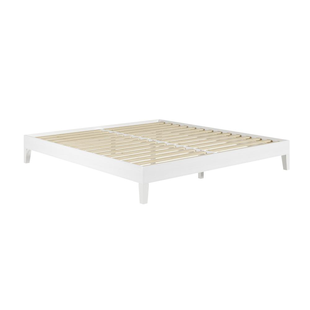 White Nix solid wood king platform bed by Start2Finish with a sleek, modern design and sturdy frame in a bedroom setting.