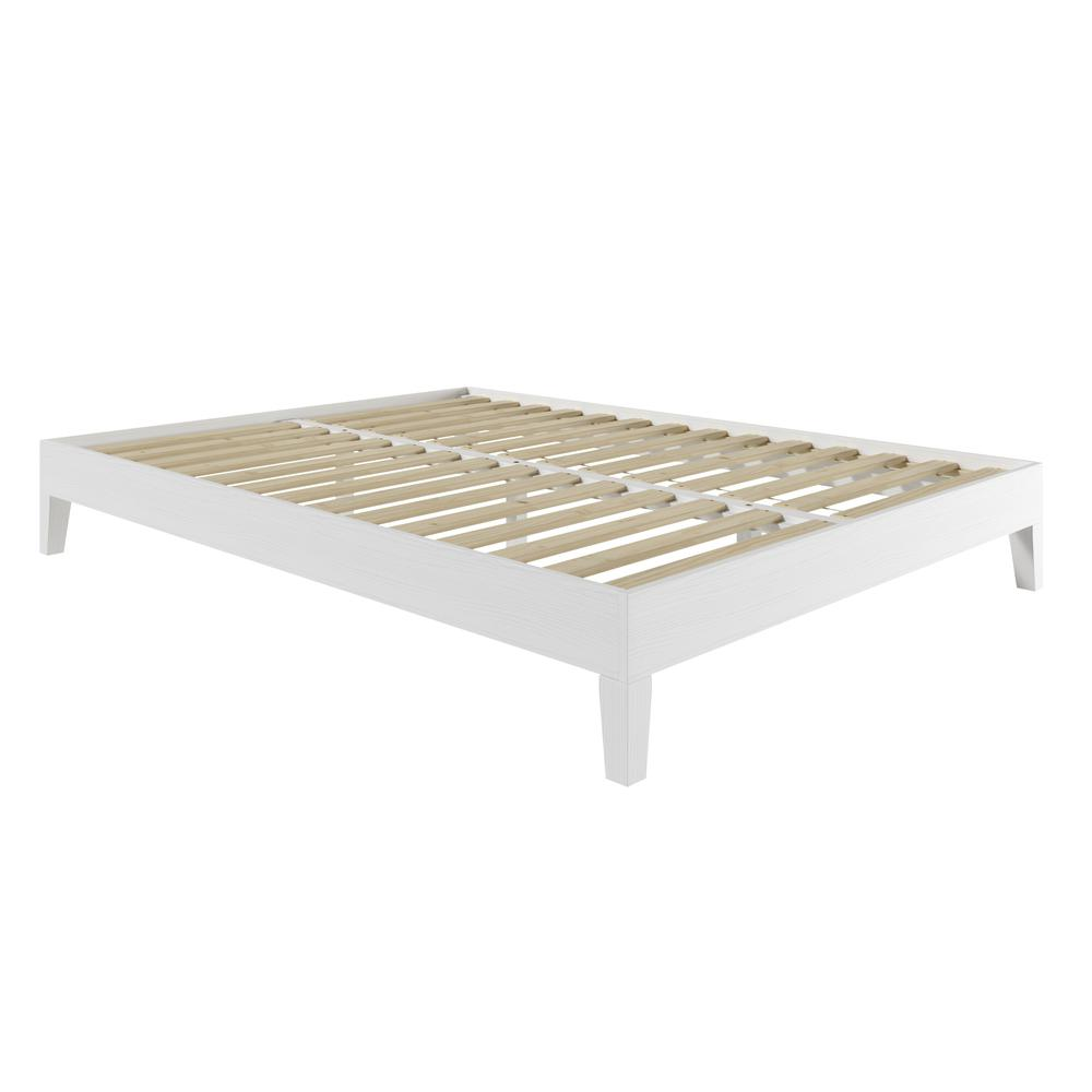 White Nix Solid Wood Queen Platform Bed by Start2Finish with a sleek, modern design and sturdy wooden frame.