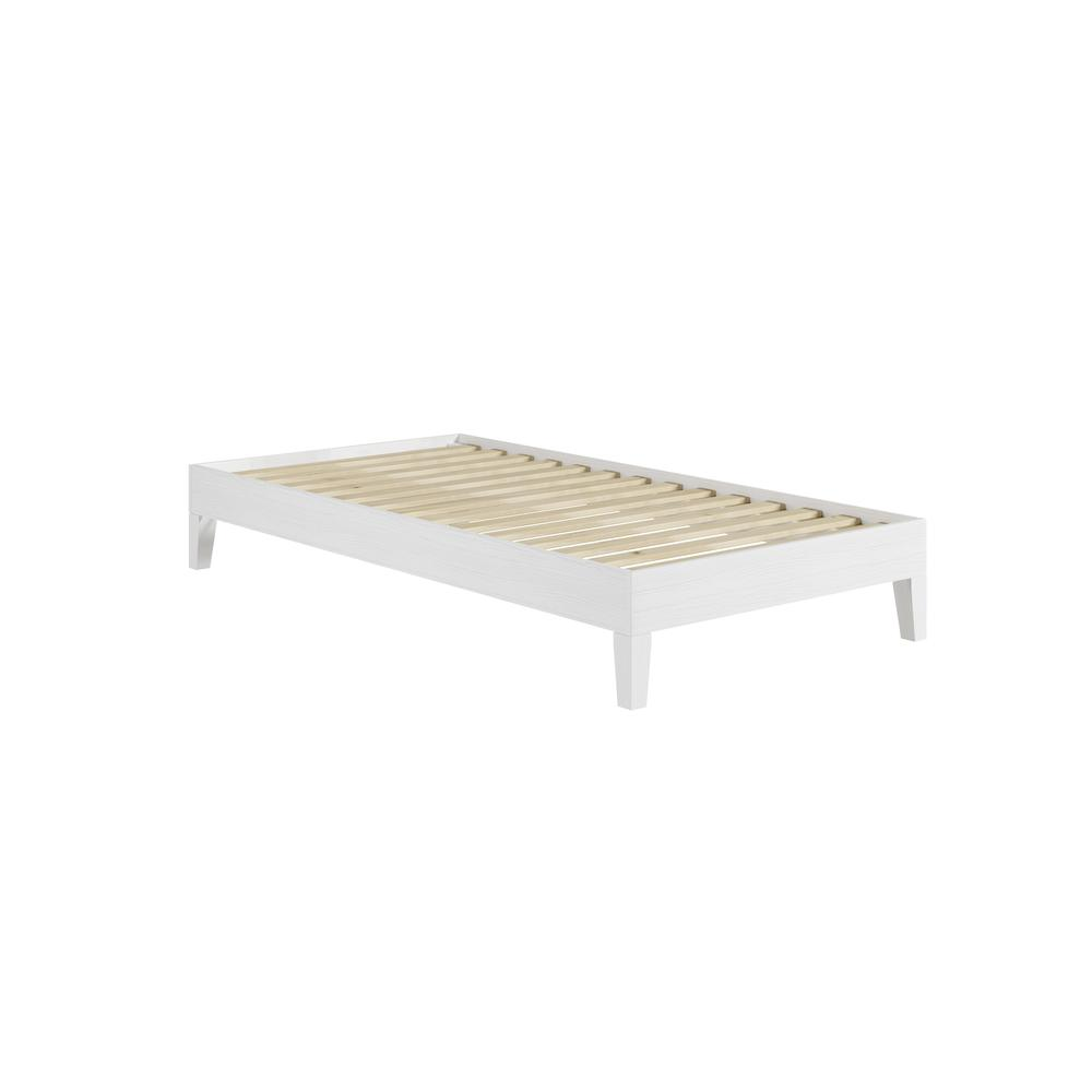 Twin Nix White Solid Wood Platform Bed by Start2Finish with clean lines and sturdy wooden frame in a modern bedroom setting.