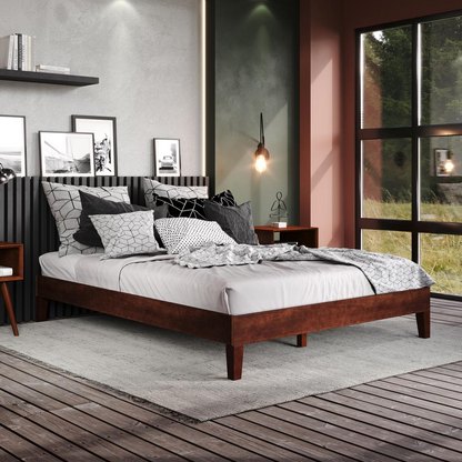 Solid wood full platform bed in natural finish with a sleek, modern design from Start2Finish, showcasing a sturdy frame and headboard.