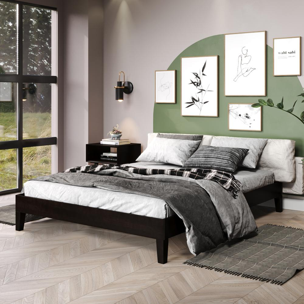 Black Nix Solid Wood Queen Platform Bed by Start2Finish, showcasing a sleek, modern furniture piece with a sturdy wooden frame.