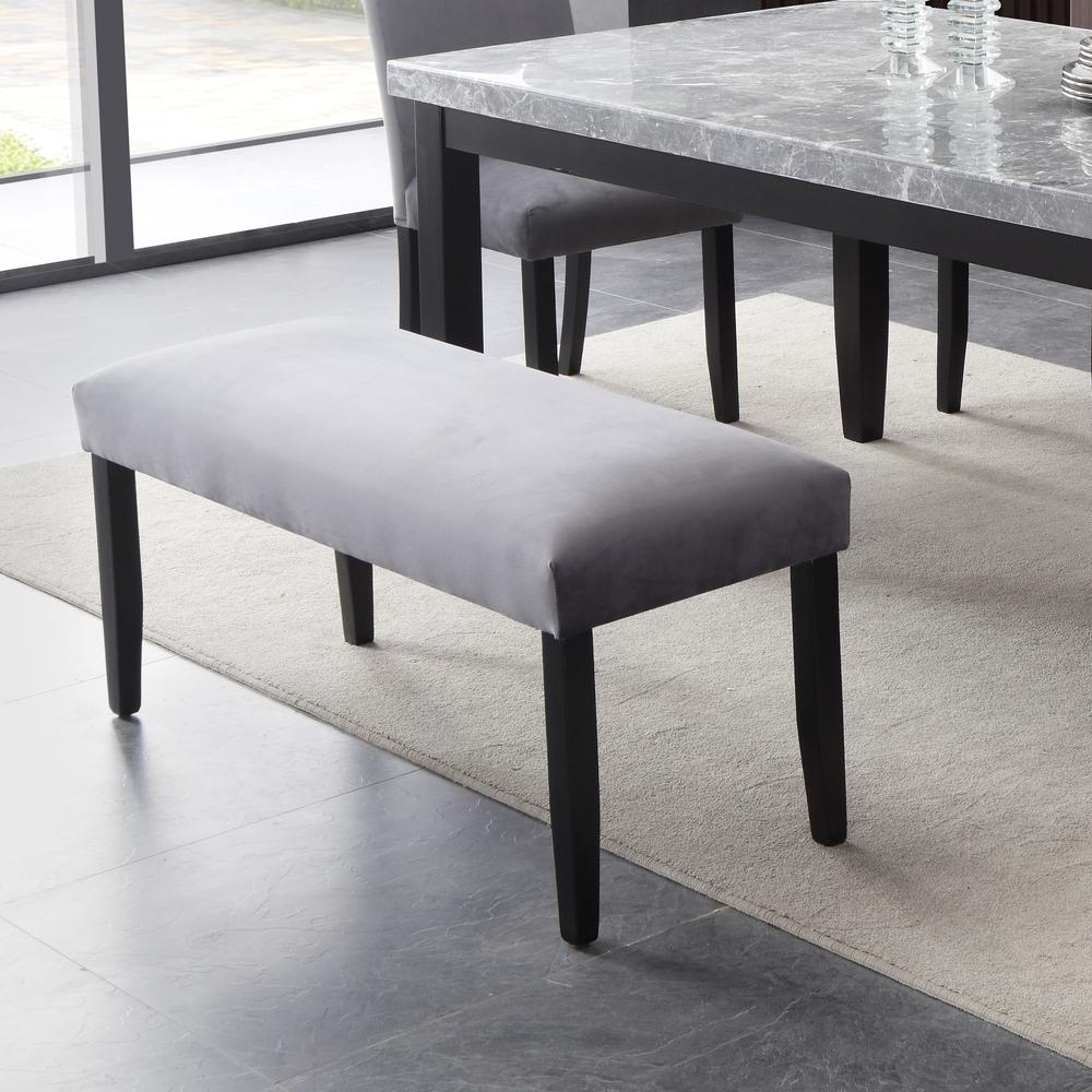 Gray velvet Napoli bench by Start2Finish featuring a cushioned seat and sleek wooden legs, ideal for entryways or living rooms.