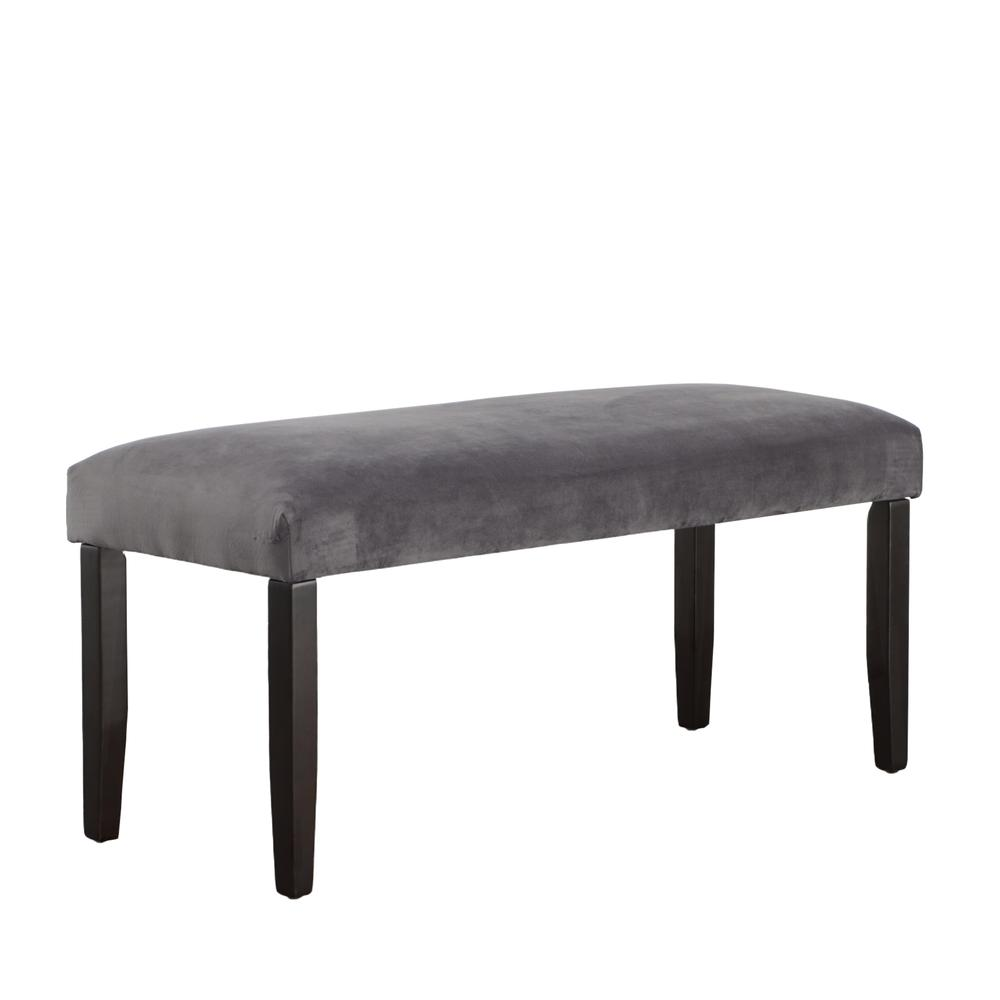Napoli gray velvet bench by Start2Finish with tufted seat and wooden legs, ideal for living room or entryway decor.