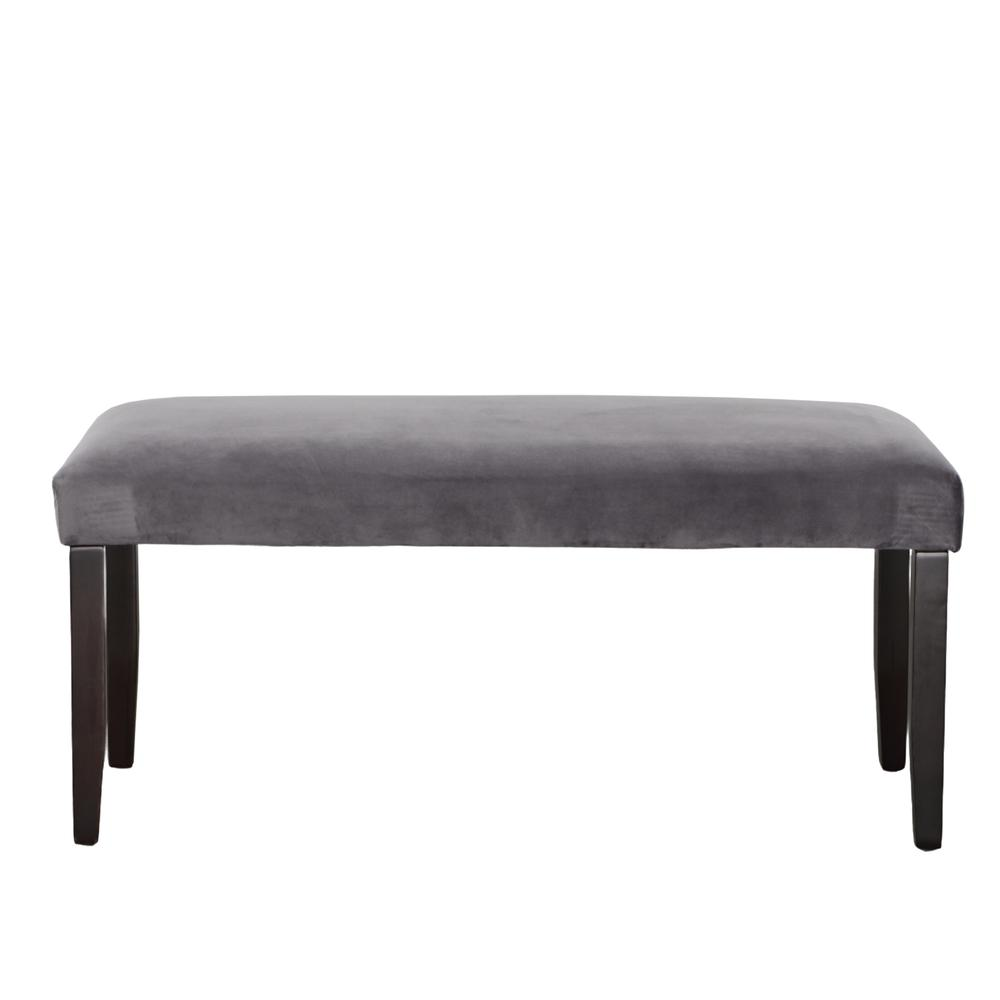 Napoli gray velvet bench by Start2Finish with cushioned seat and sleek wooden legs, ideal for entryways or living rooms.