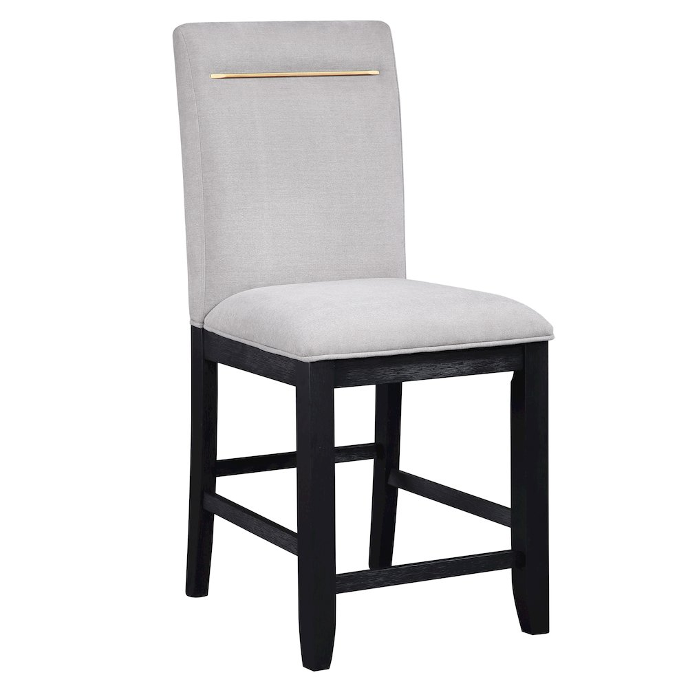 Yves black counter table with built-in storage, paired with a bench and four grey counter chairs for modern dining or workspace.