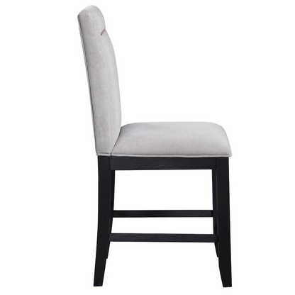 Yves Black counter table with storage, bench, and four grey counter chairs from Start2Finish furniture set.
