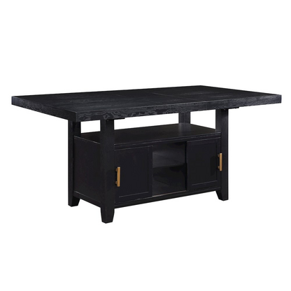 Yves black counter table with built-in storage and four grey counter chairs, modern furniture set by Start2Finish.