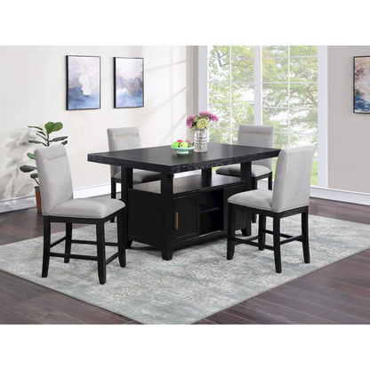 Yves Black Counter Table with built-in storage and four grey counter chairs, modern furniture set for kitchen or dining area