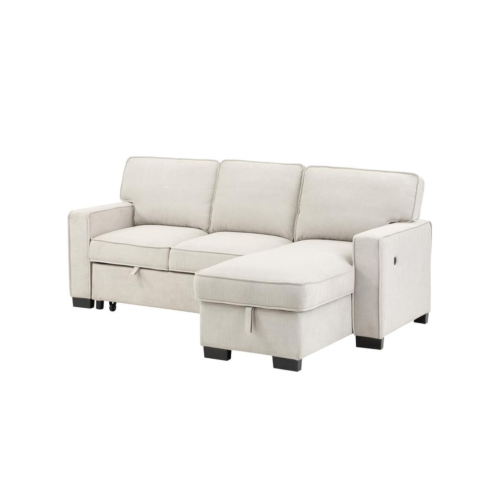 Start2Finish Estelle beige fabric reversible sleeper sectional with storage chaise, drop-down table, 2 cup holders, and 2 USB ports.