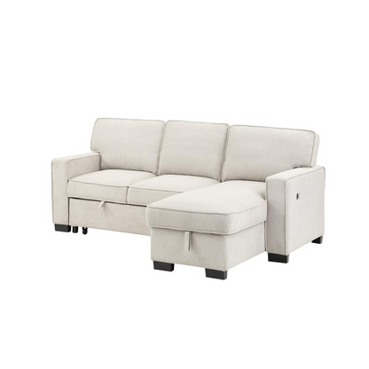 Start2Finish Estelle beige fabric reversible sleeper sectional with storage chaise, drop-down table, 2 cup holders, and 2 USB ports.