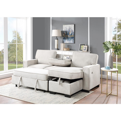 Start2Finish Estelle beige fabric reversible sleeper sectional with storage chaise, drop-down table, 2 cup holders, and 2 USB ports.