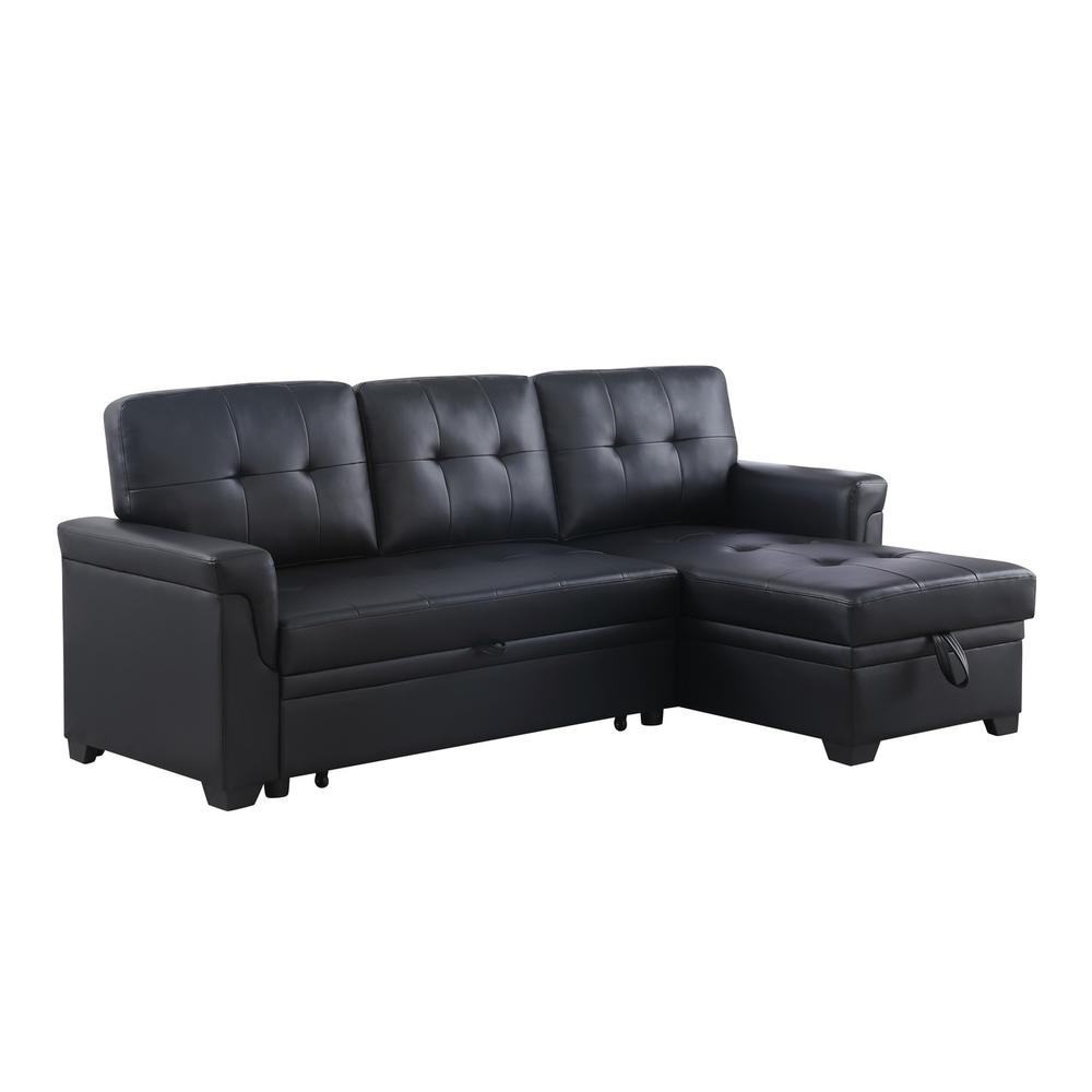Lexi black synthetic leather reversible sleeper sectional sofa with storage chaise, modern furniture from Start2Finish.