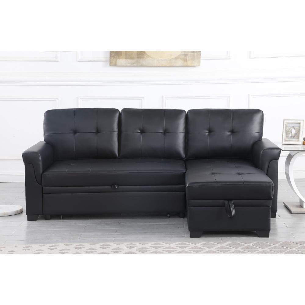Lexi black synthetic leather reversible sleeper sectional sofa with storage chaise by Start2Finish, modern furniture for living room.