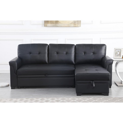 Lexi black synthetic leather reversible sleeper sectional sofa with storage chaise by Start2Finish, modern furniture for living room.