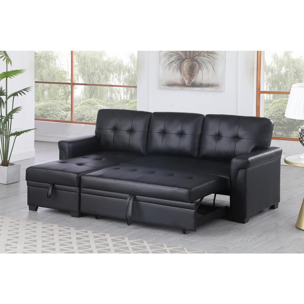 Lexi black reversible sleeper sectional sofa with storage chaise by Start2Finish, featuring synthetic leather upholstery and modern design.