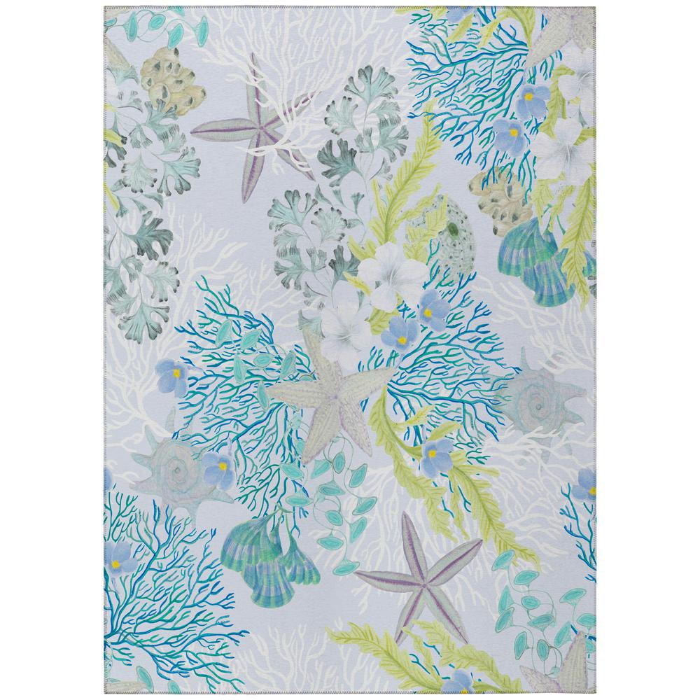 Start2Finish Surfside ASR31 Aqua 9x12 indoor/outdoor washable rug with a blue and aqua pattern on a tiled floor.