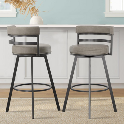 Gene 30-inch swivel bar stool by Start2Finish with a modern design, featuring a cushioned seat and metal base in a sleek finish.