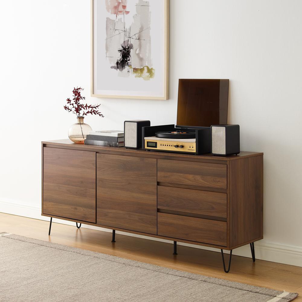 Teagan Record Storage Sideboard by Start2Finish with wood finish, multiple drawers, and metal handles for organized record storage.