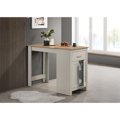 Light gray small space counter height dining table with cabinet and drawer storage from Start2Finish, ideal for compact dining areas.