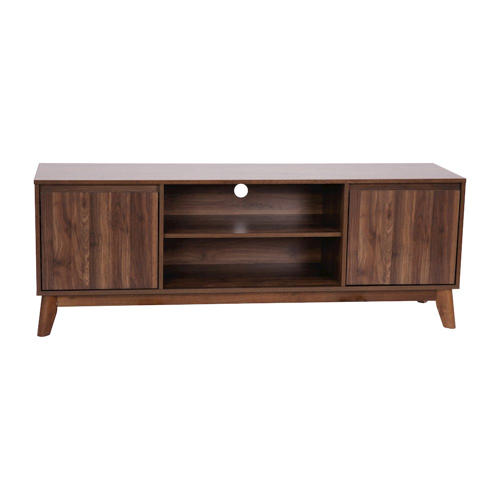 Start2Finish walnut TV stand for 64-inch TVs, featuring a modern media center design with open shelving and storage compartments.