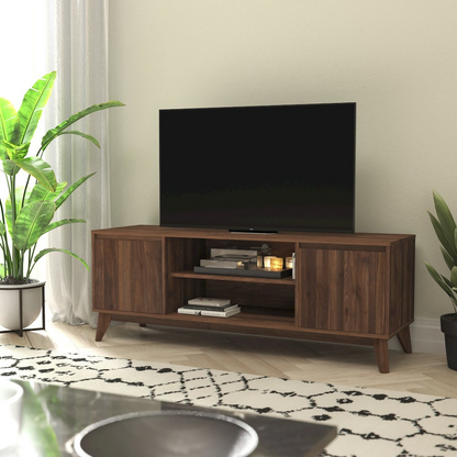 Walnut TV stand for up to 64-inch TVs, Start2Finish media center with storage compartments and modern design.