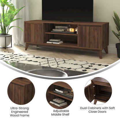 Start2Finish walnut TV stand for 64-inch TVs, 60-inch media center with open shelves and storage compartments.