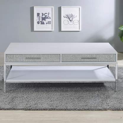 Start2Finish Mirage coffee table with a sleek glass top and modern wooden legs in a stylish living room setting.